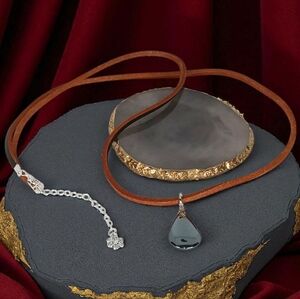 Brown Leather Cord Necklace Vintage Hematite Tear Drop Pendant Hippie Indie 70s